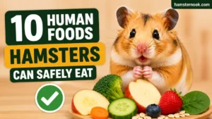 Hamster eating safe human foods including cucumber carrot oats and blueberries