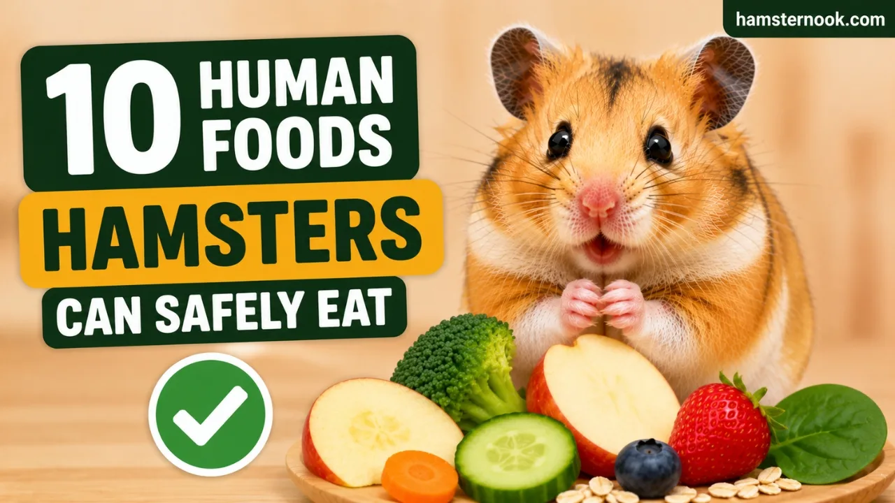 Hamster eating safe human foods including cucumber carrot oats and blueberries
