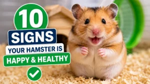 Happy and healthy hamster sitting near bedding inside a clean cage