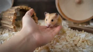 Pet hamster calmly sitting on its owner's hand showing trust