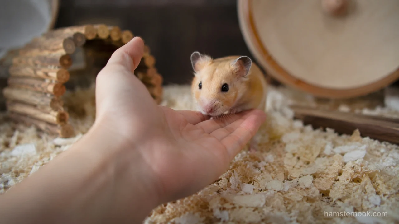 Pet hamster calmly sitting on its owner's hand showing trust
