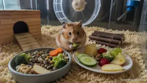A healthy Syrian hamster beside small portions of safe foods including cucumber, broccoli, carrots, oats, and blueberries.