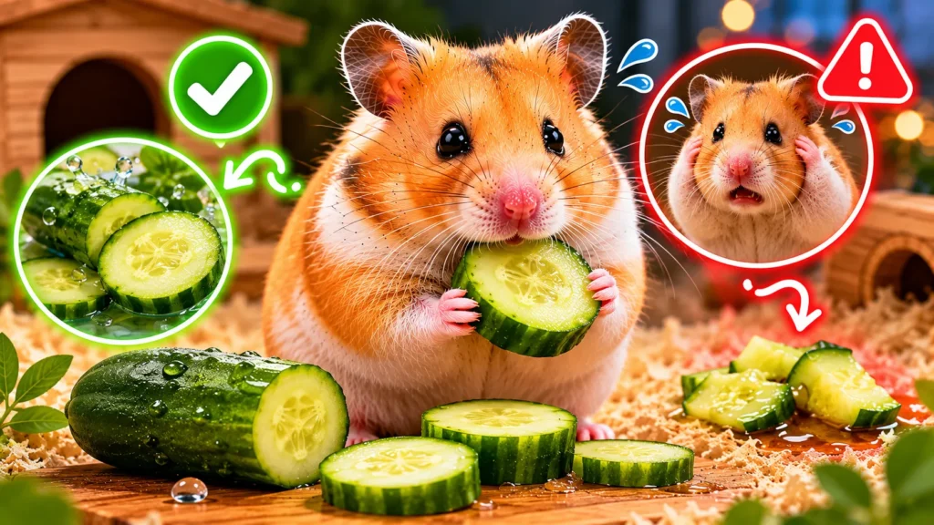 Hamster eating cucumber with benefits and feeding risks highlighted