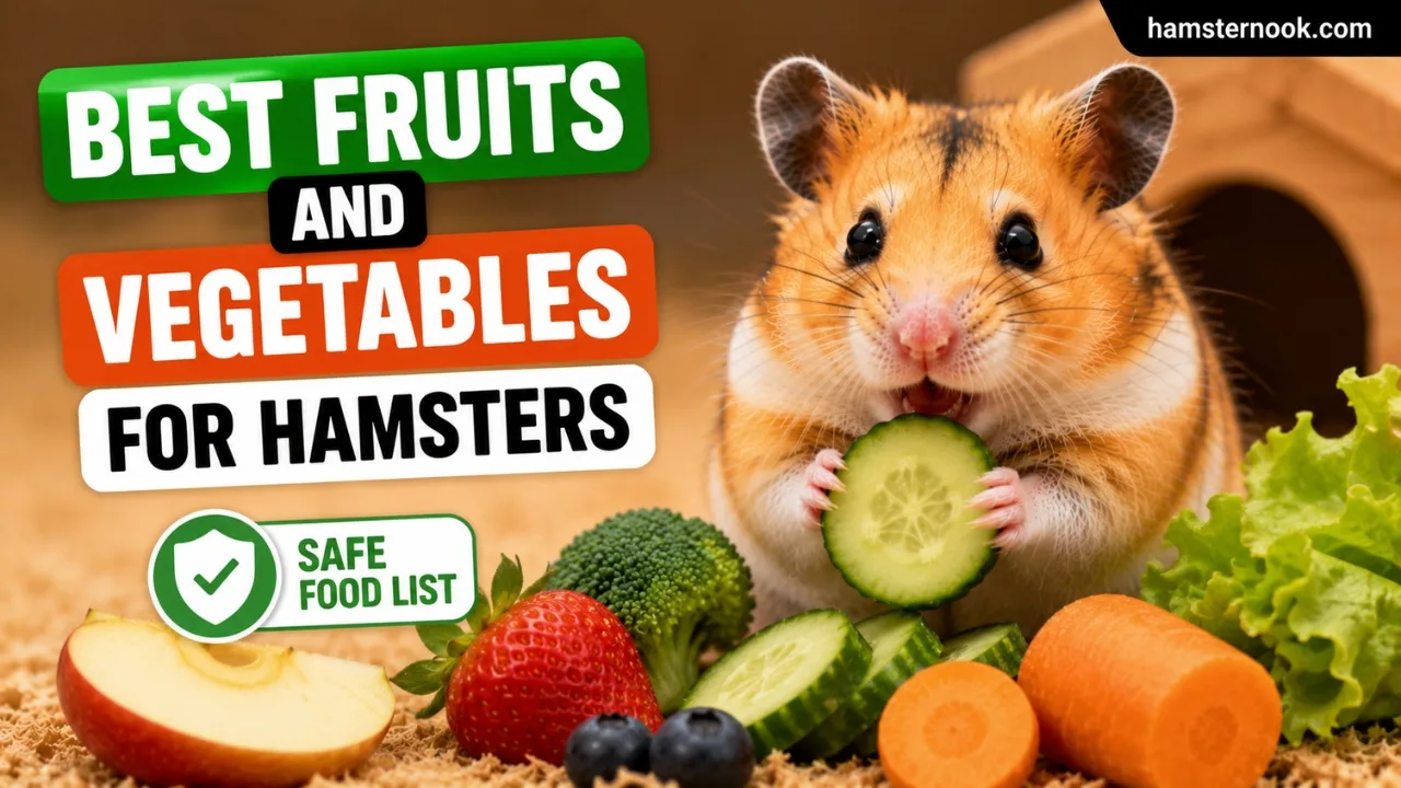 Healthy fruits and vegetables safe for hamsters beside a cute hamster