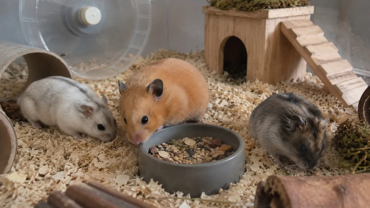 Syrian hamster sitting calmly in a beginner-friendly enclosure with deep bedding and wooden hides