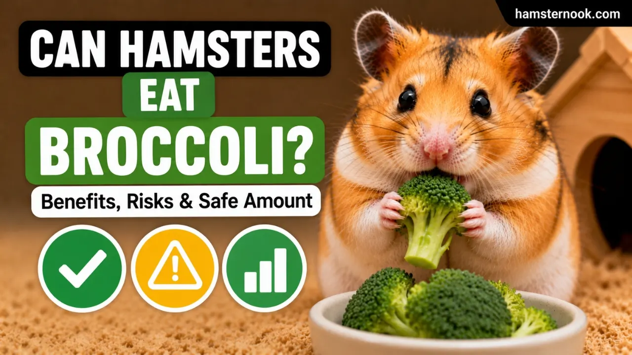 Hamster eating a small piece of fresh broccoli safely