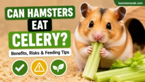 Hamster eating a small piece of fresh celery safely