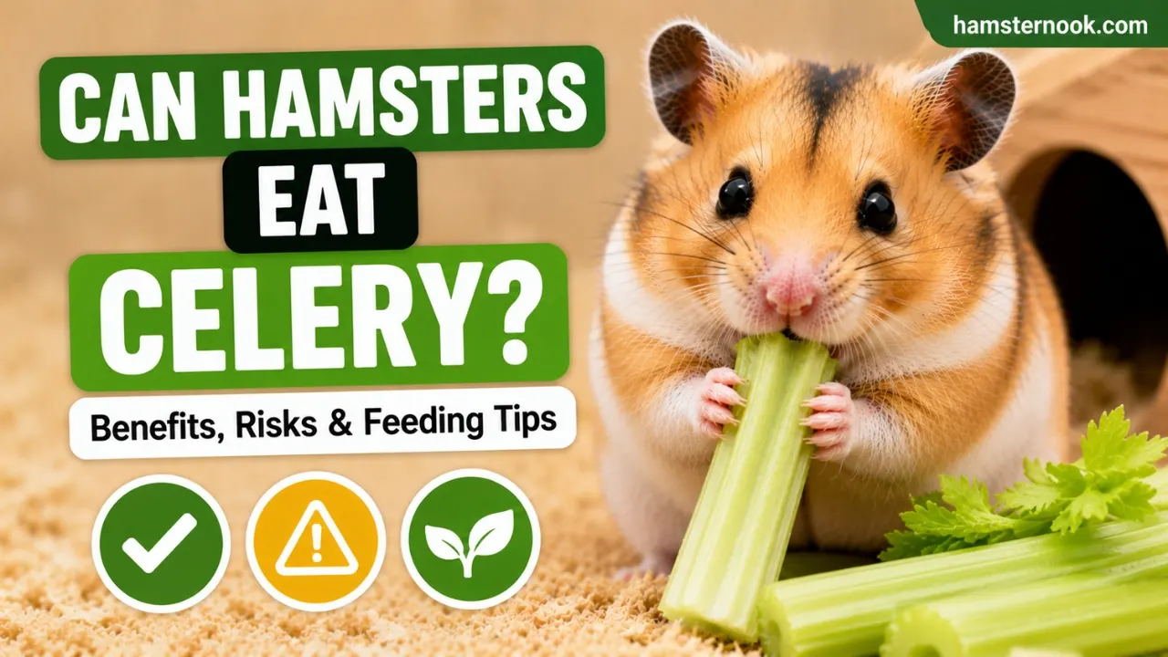 Hamster eating a small piece of fresh celery safely