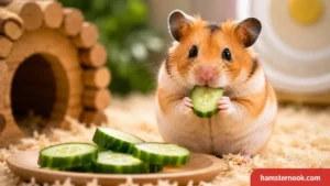 Hamster eating a fresh cucumber slice
