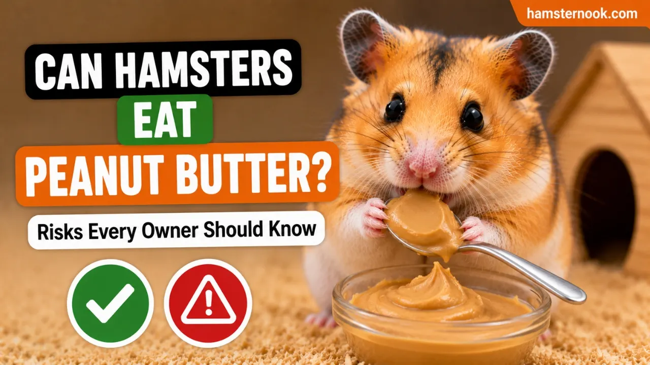 Hamster near peanut butter showing safe feeding risks for small pets