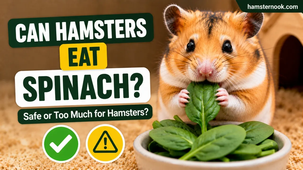 Hamster eating a small fresh spinach leaf safely