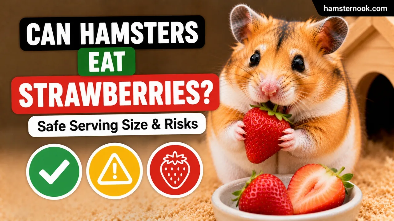 Hamster eating a small fresh strawberry piece safely