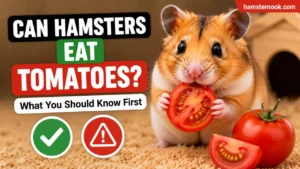 Hamster eating a small piece of ripe tomato safely