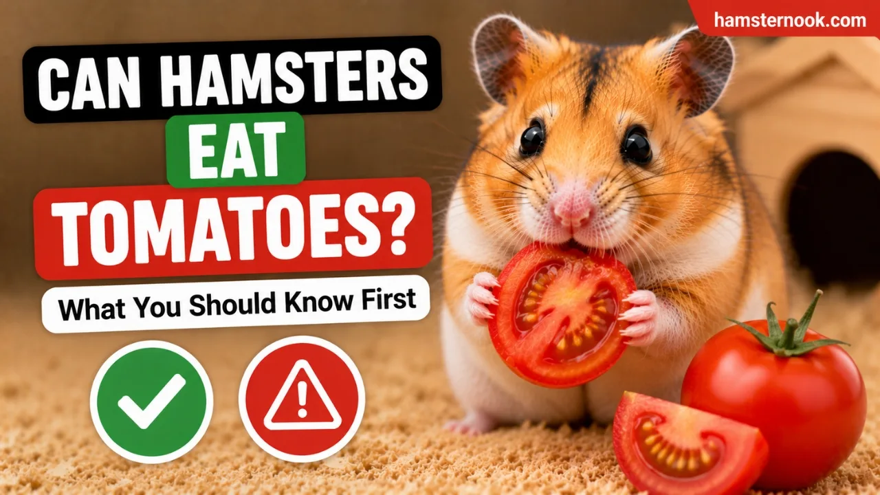 Hamster eating a small piece of ripe tomato safely