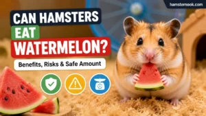 Syrian hamster eating a small piece of fresh watermelon safely
