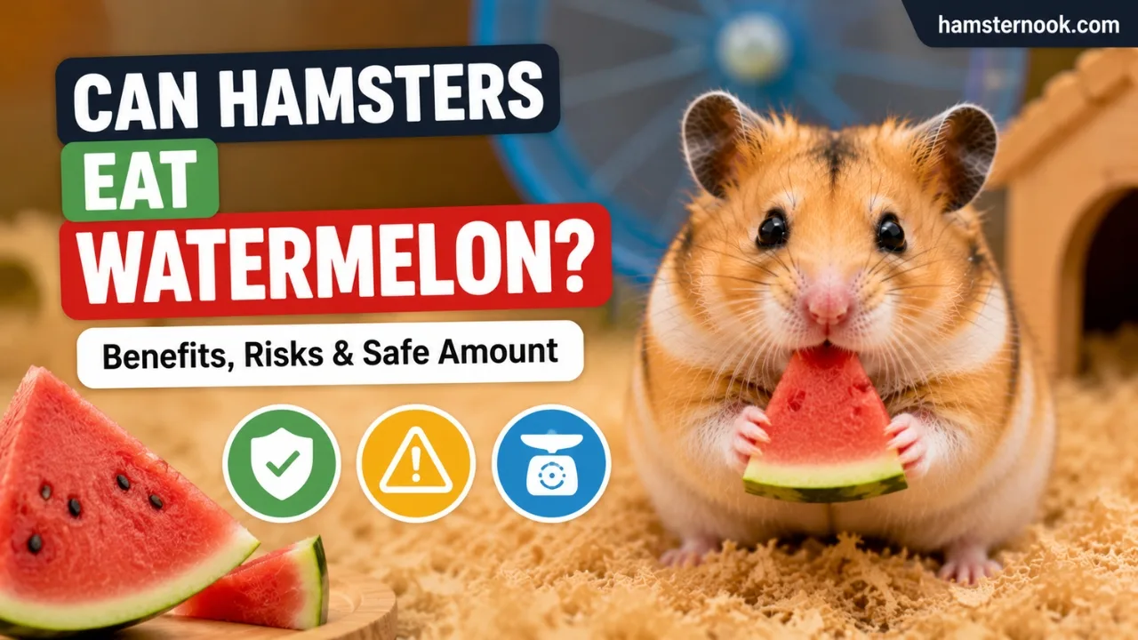 Syrian hamster eating a small piece of fresh watermelon safely