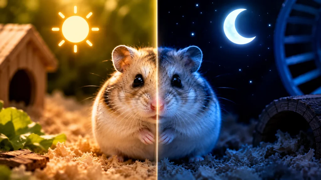 Hamster shown in daylight and nighttime conditions