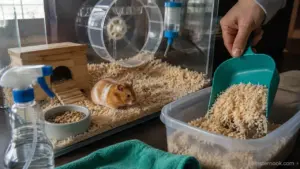 Clean a hamster cage by removing soiled bedding while keeping clean familiar bedding in the enclosure.