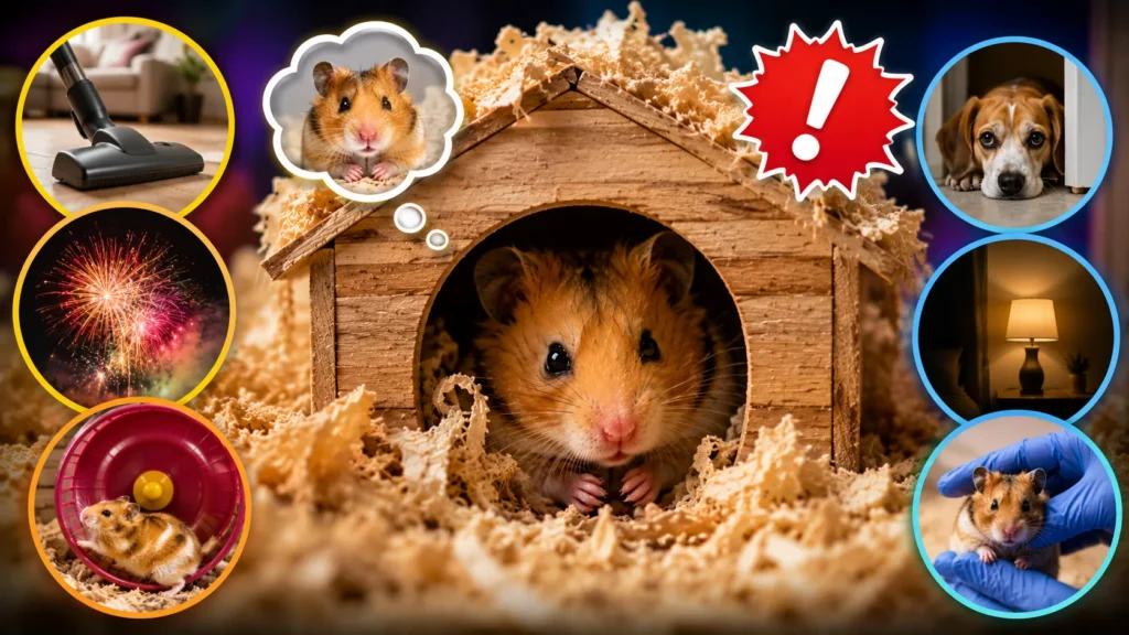 Stressed hamster hiding inside a wooden house with common stress triggers around the cage