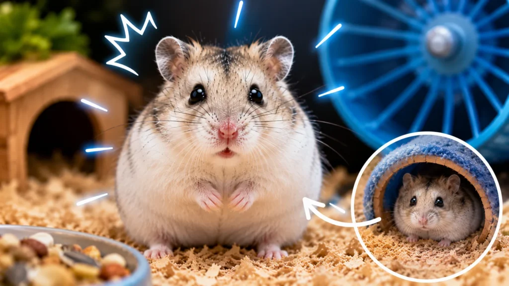 Calm hamster in a safe cage environment with hiding places and enrichment