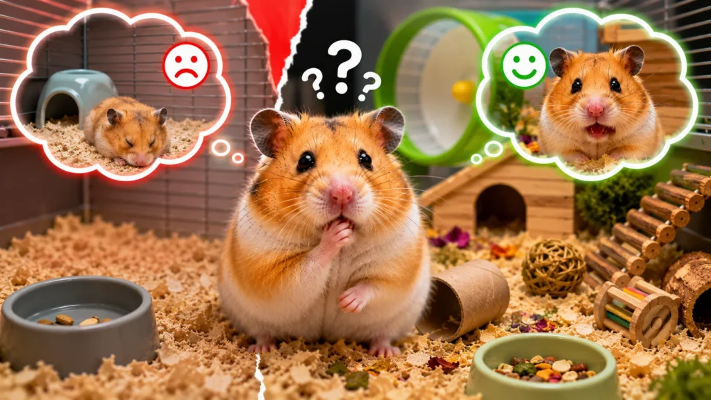 Bored hamster in a plain cage compared with a happy hamster in an enriched habitat