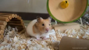 Hamster exploring toys and tunnels inside an enriched cage