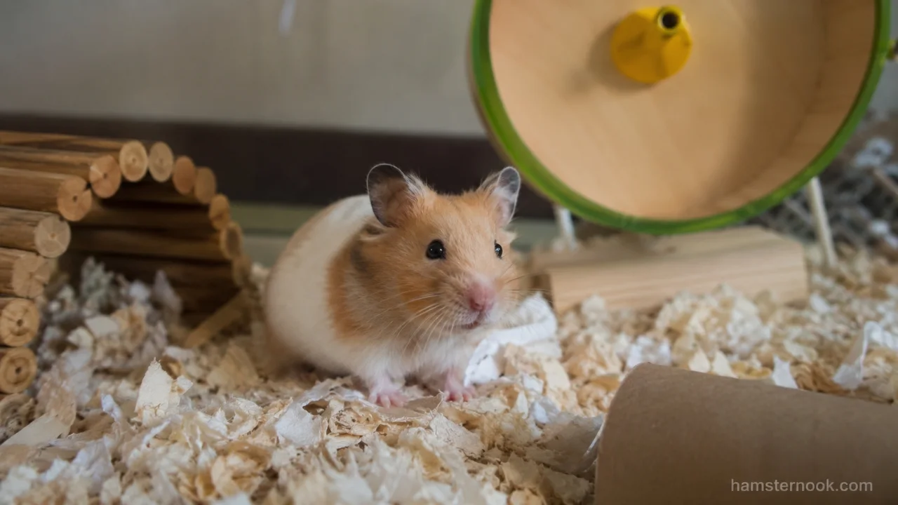 Hamster exploring toys and tunnels inside an enriched cage