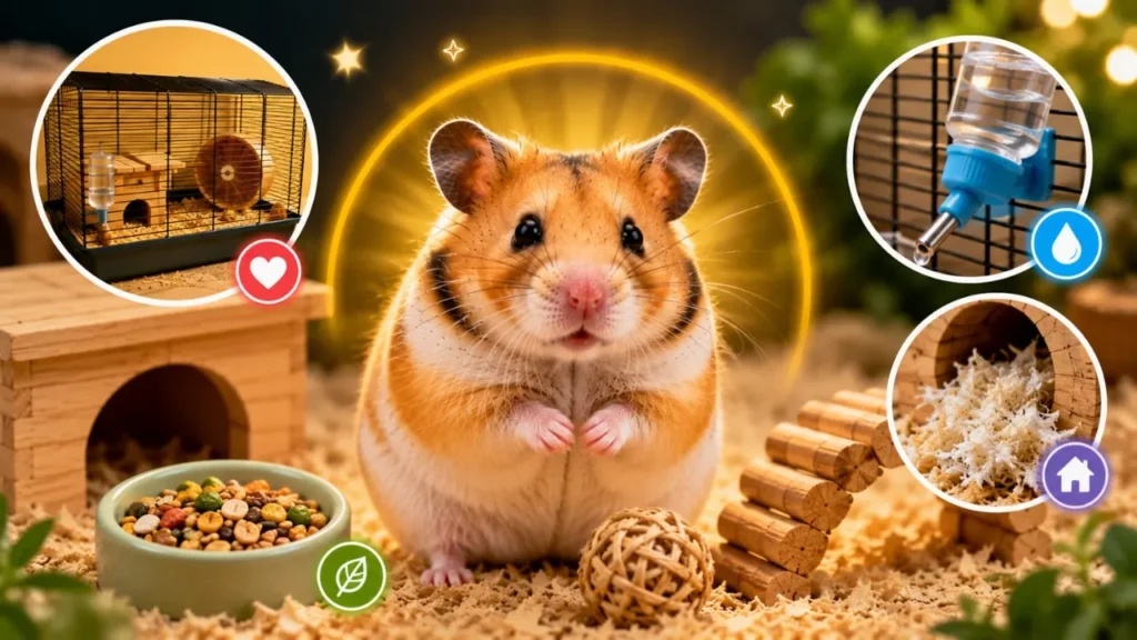 Syrian hamster with wheel, bedding, water bottle, food bowl and enrichment items