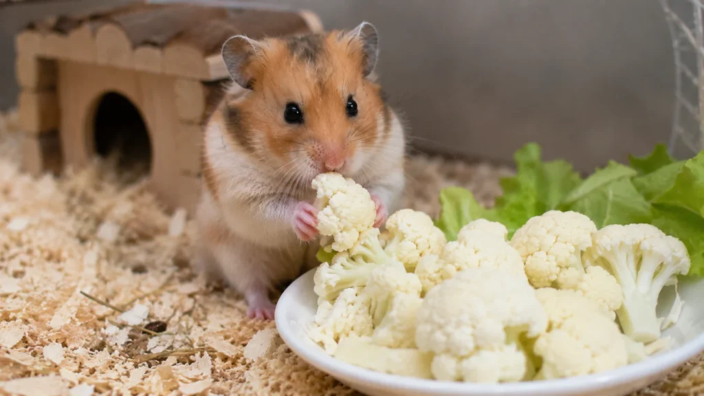Syrian hamster eating fresh cauliflower florets