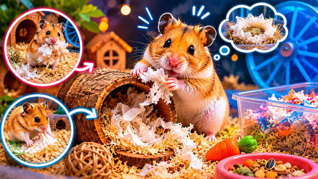 Hamster carrying bedding material to build a nest
