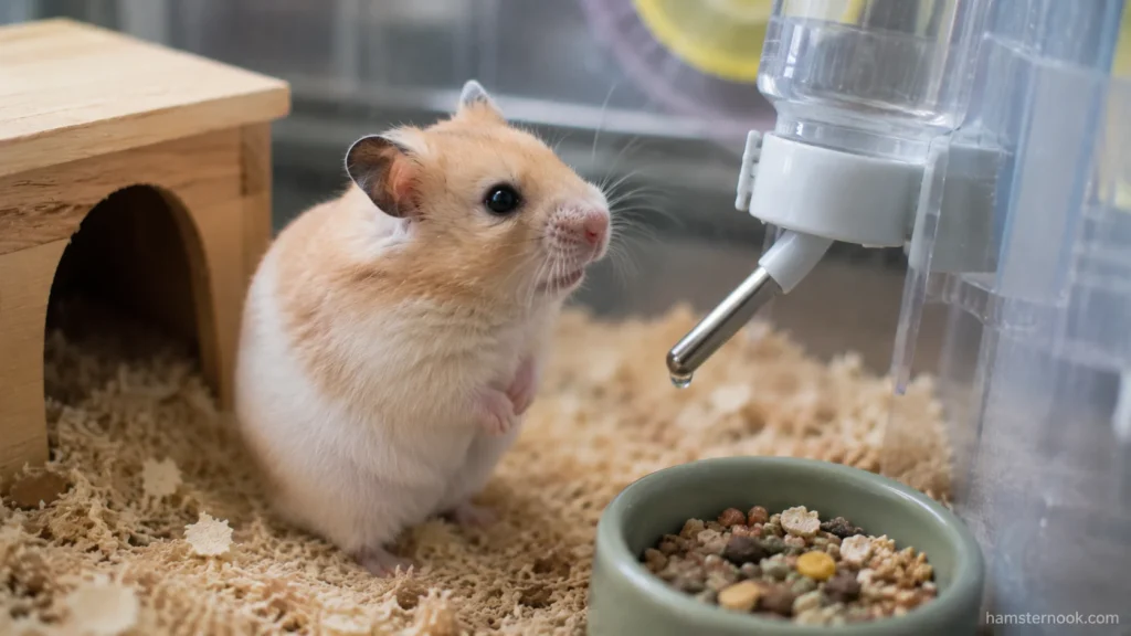 Hamster standing near a water bottle inside its enclosure