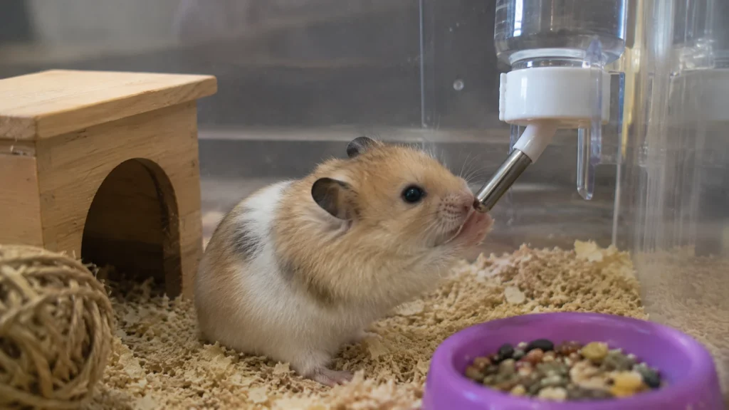 Hamster drinking water from a bottle in its habitat