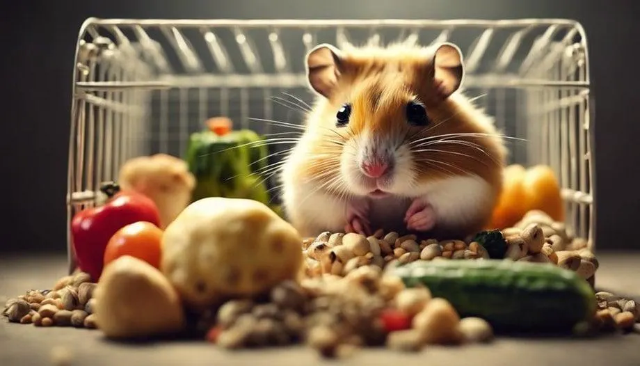 Hamster holding and eating a carrot near mixed vegetables