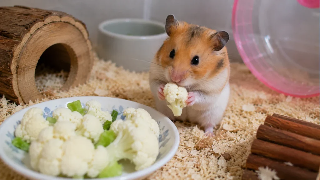 Hamster eating a small piece of cauliflower in its enclosure
