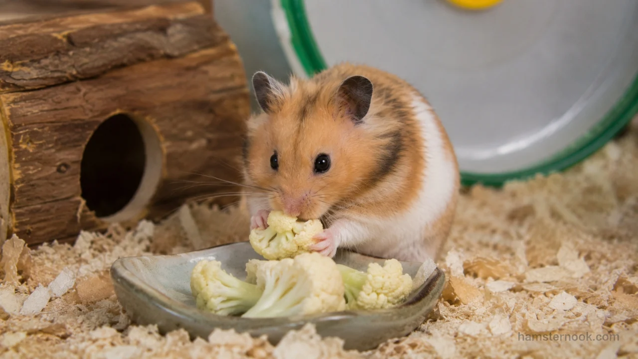 Hamster eating a small piece of fresh cauliflower