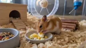 Hamster eating a small piece of cooked egg safely