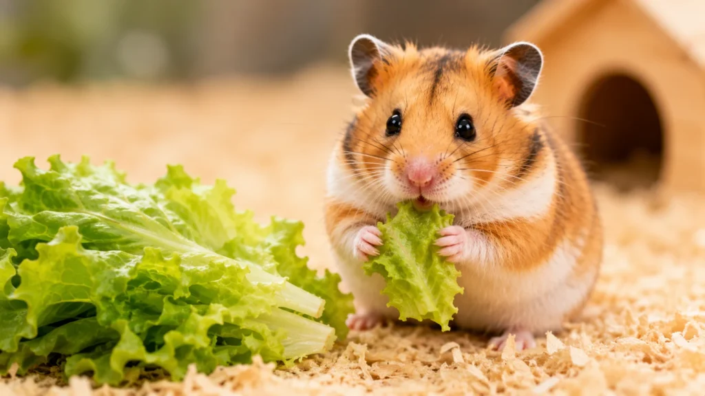 Syrian hamster eating fresh green lettuce safely