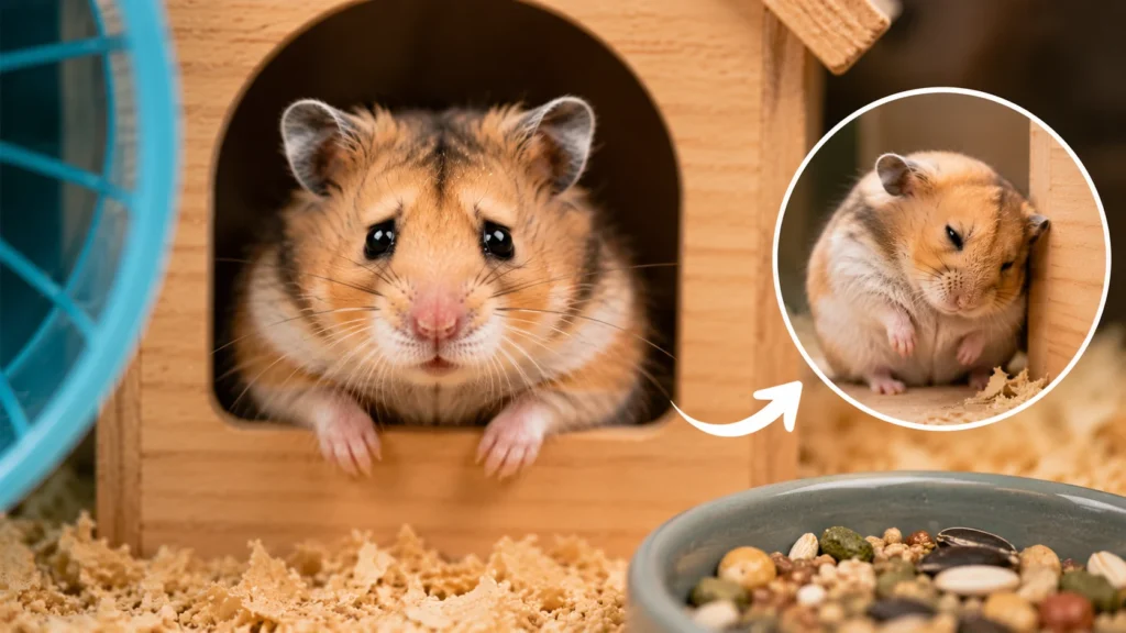 Hamster hiding inside wooden house due to stress or fear