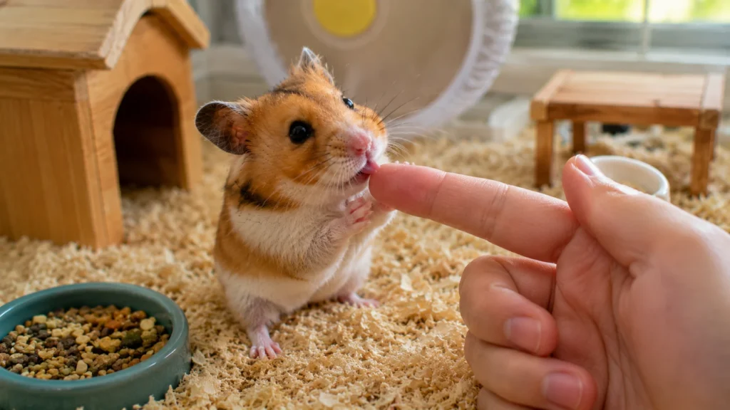 Hamster licking owner's finger during a calm interaction