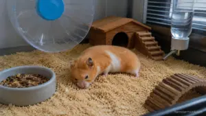 Hamster pain signs including hunched posture, reduced activity, and changes in normal behavior.