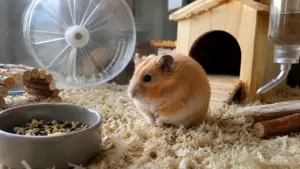 A Syrian hamster showing a cautious posture while sitting inside its enclosure.