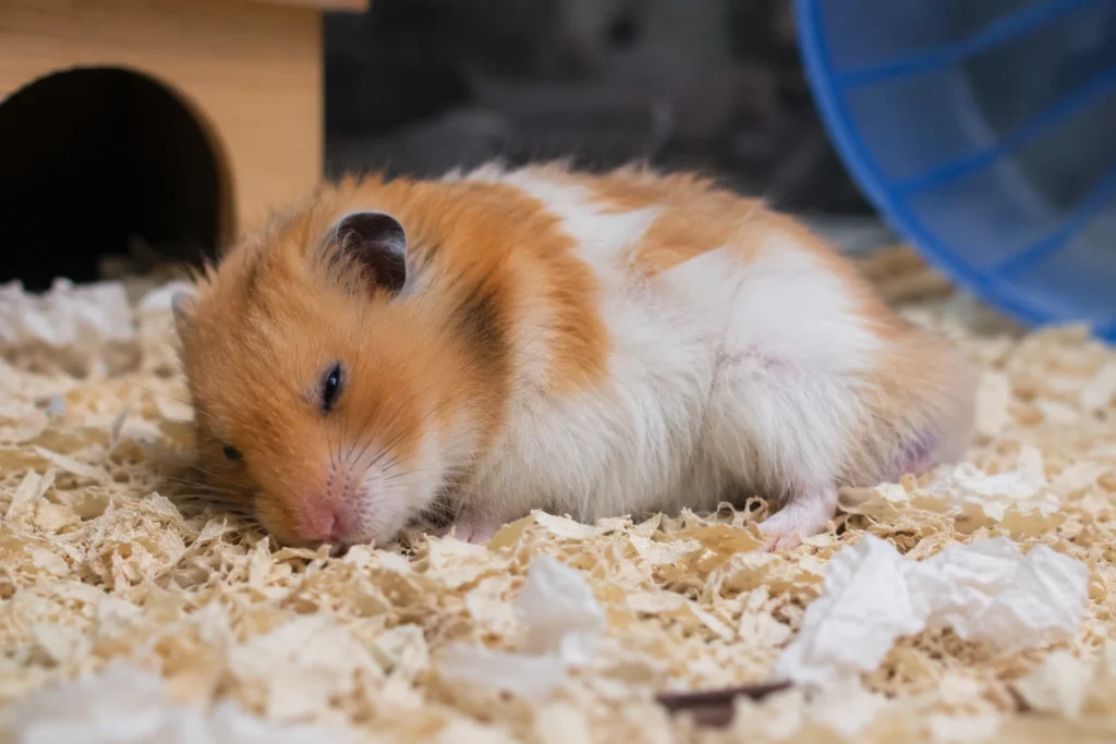 Hamster lying weakly on bedding showing signs of illness
