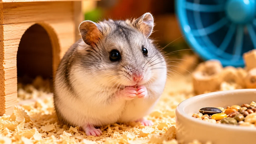 Cute dwarf hamster sitting near food bowl inside enclosure