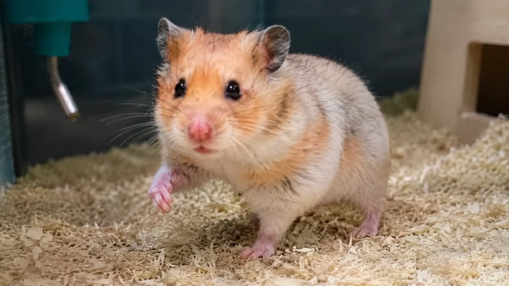 Syrian hamster showing an unusual raised front leg while walking across bedding