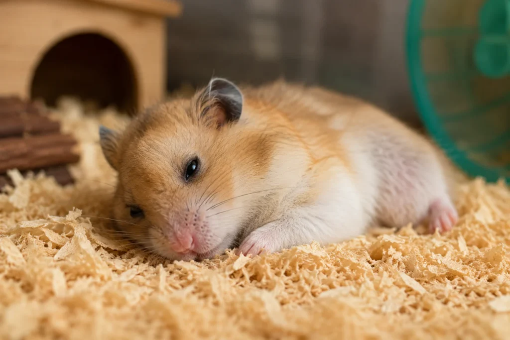 Sick hamster resting weakly on bedding