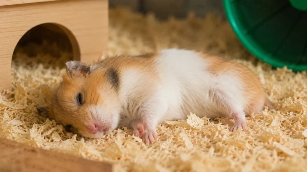 Weak hamster lying on bedding showing signs of illness