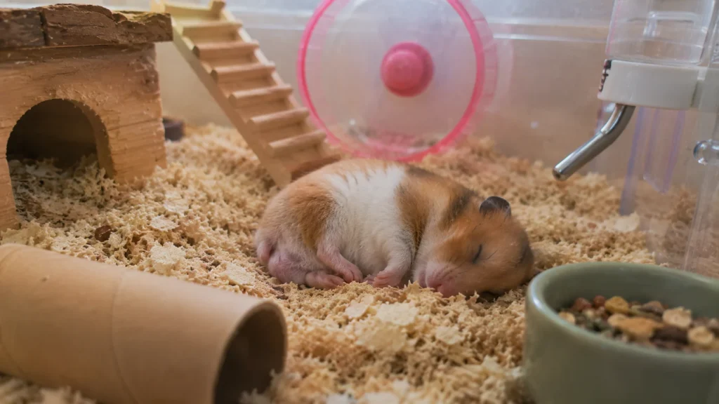 Hamster sleeping outside its house in a bedding area