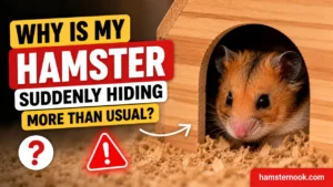 Hamster hiding inside bedding and wooden hideout in cage