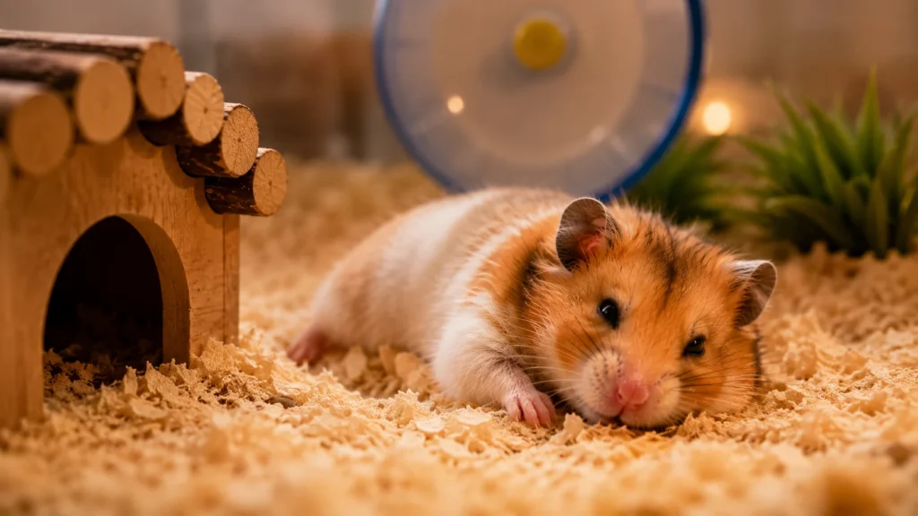 Weak hamster lying still in cage near wheel and wooden house