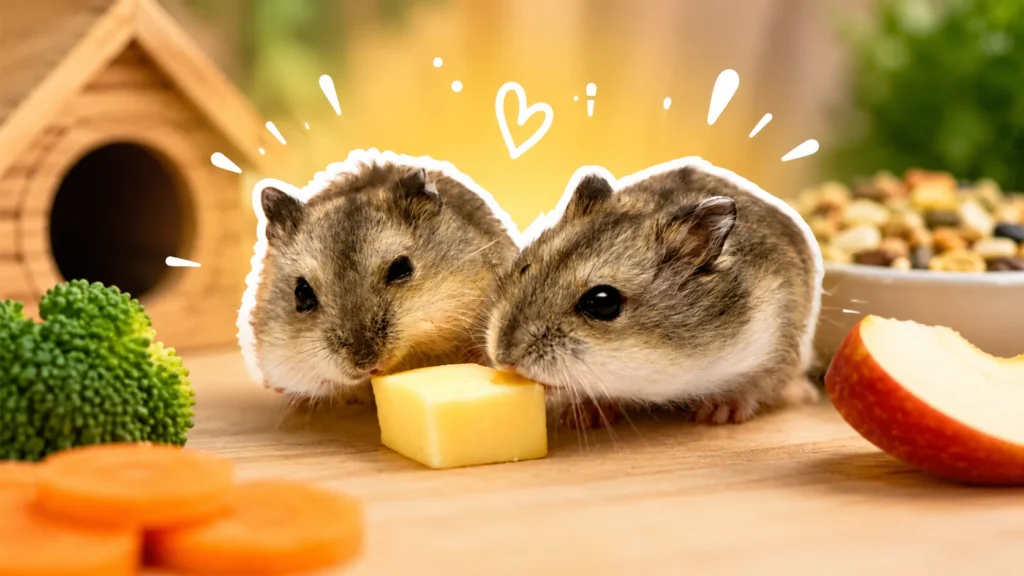 Two dwarf hamsters eating a small cheese cube